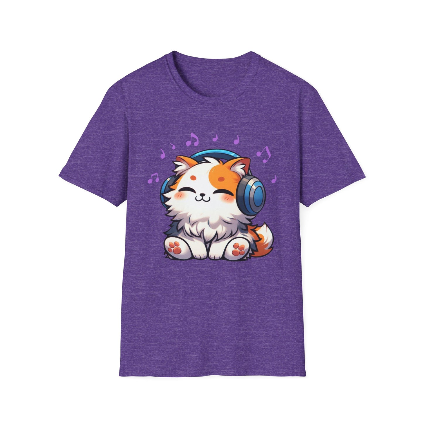 Cute Cat Music Lover T-Shirt - Unisex Softstyle Tee with Headphones and Musical Notes