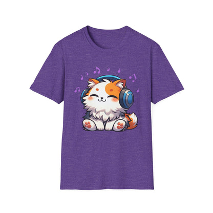 Cute Cat Music Lover T-Shirt - Unisex Softstyle Tee with Headphones and Musical Notes