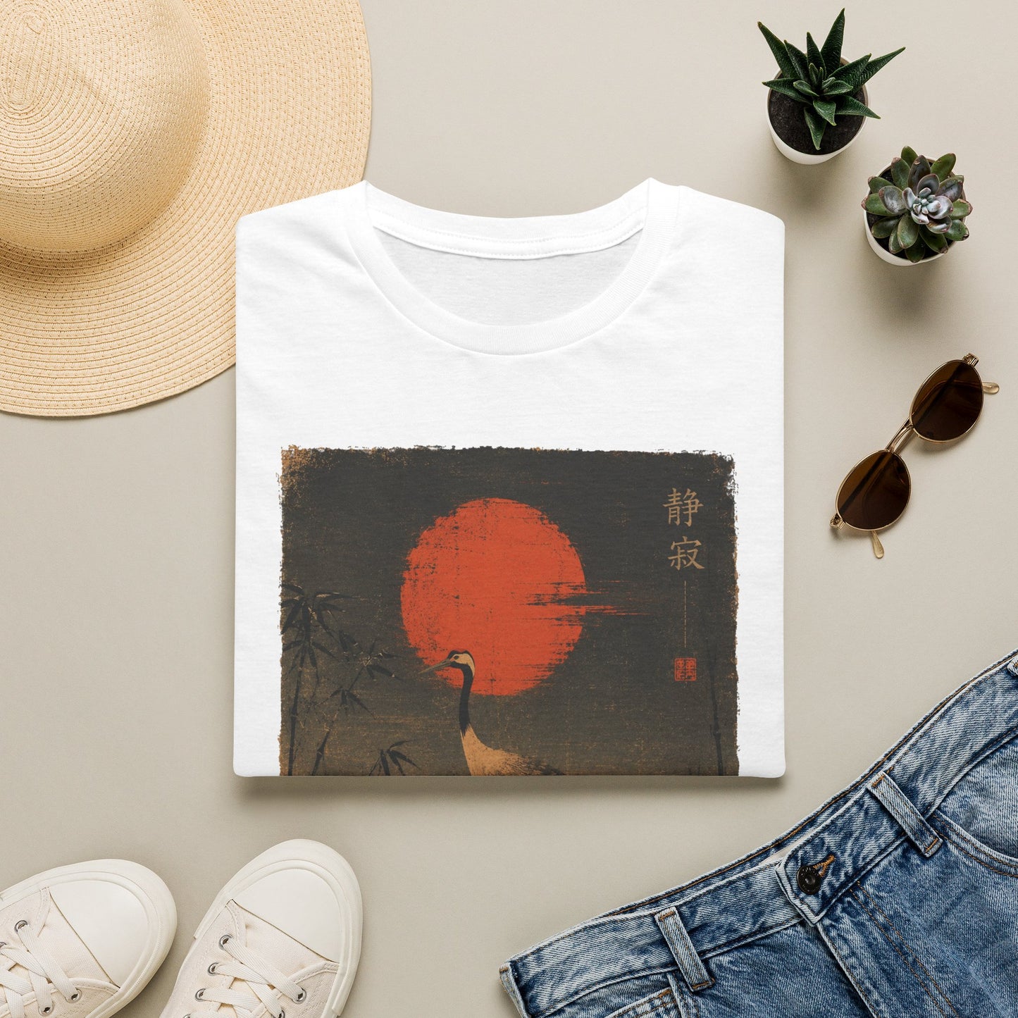 Crane & Red Sun T-Shirt — Japanese Vintage Sunset Tee