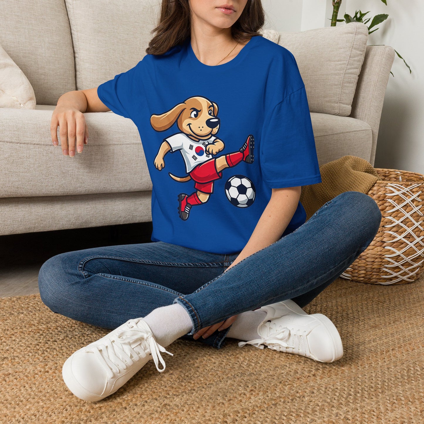 Kids’ Soccer Dog T-Shirt — Cute Cartoon Puppy Kicking Ball (Korean Flag Jersey)