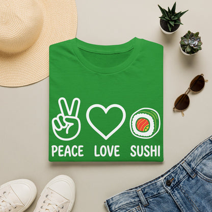 Peace Love Sushi T-Shirt — Cute Sushi Graphic Tee for Foodies