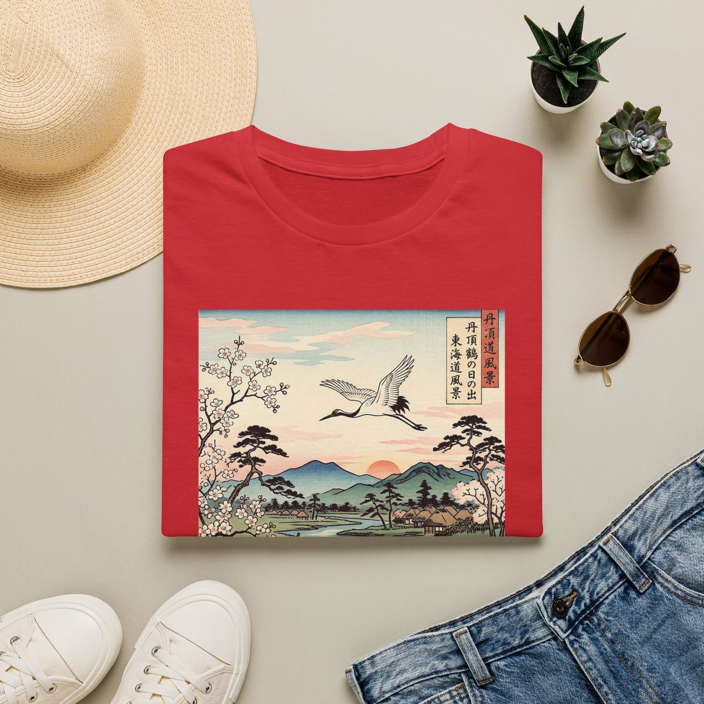 Japanese Crane Scenic T-Shirt — Vintage Ukiyo-e Landscape Tee