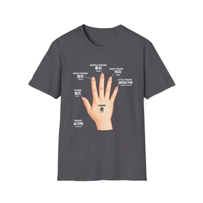 Korean Finger Labels T-Shirt — Hand Anatomy Graphic Tee (Index, Middle, Ring, Pinky, Thumb)