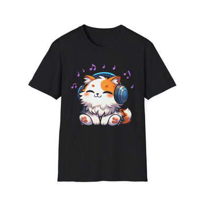 Cute Cat Music Lover T-Shirt - Unisex Softstyle Tee with Headphones and Musical Notes