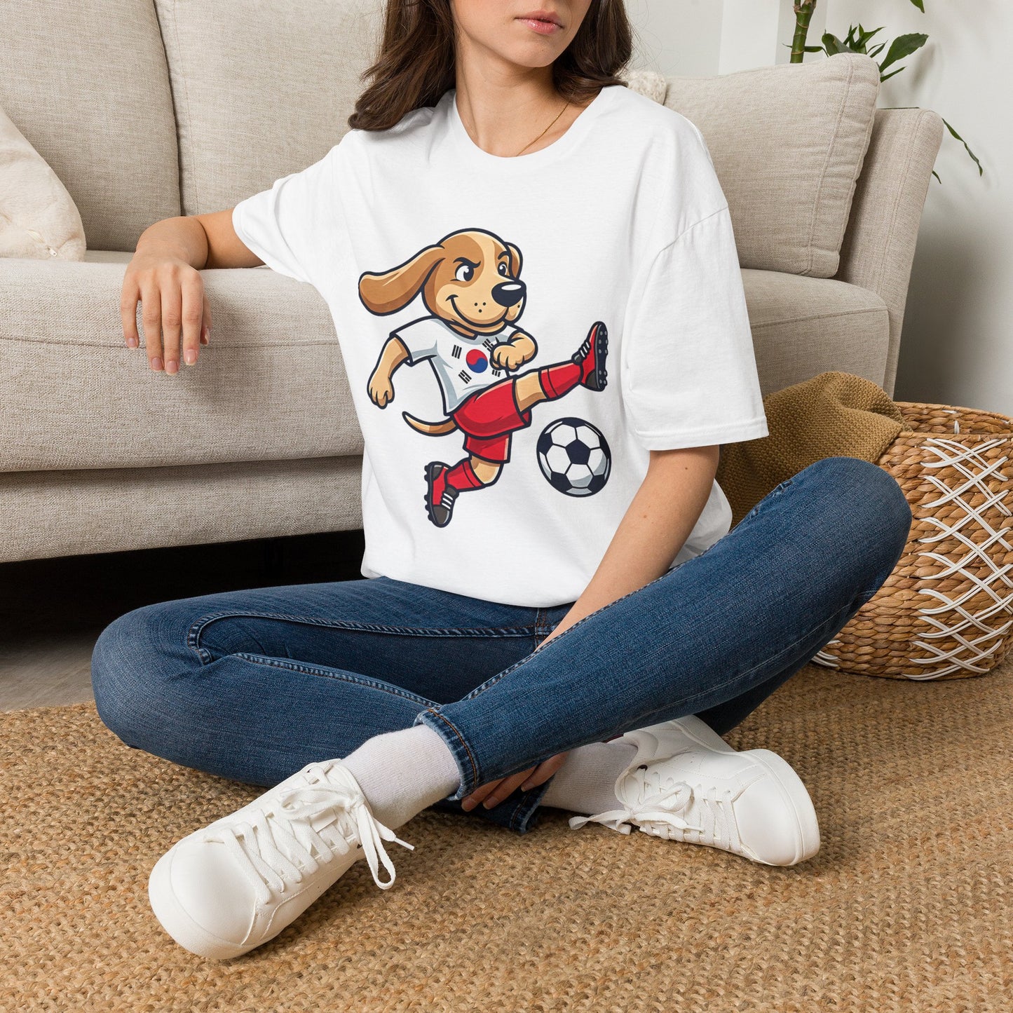 Kids’ Soccer Dog T-Shirt — Cute Cartoon Puppy Kicking Ball (Korean Flag Jersey)