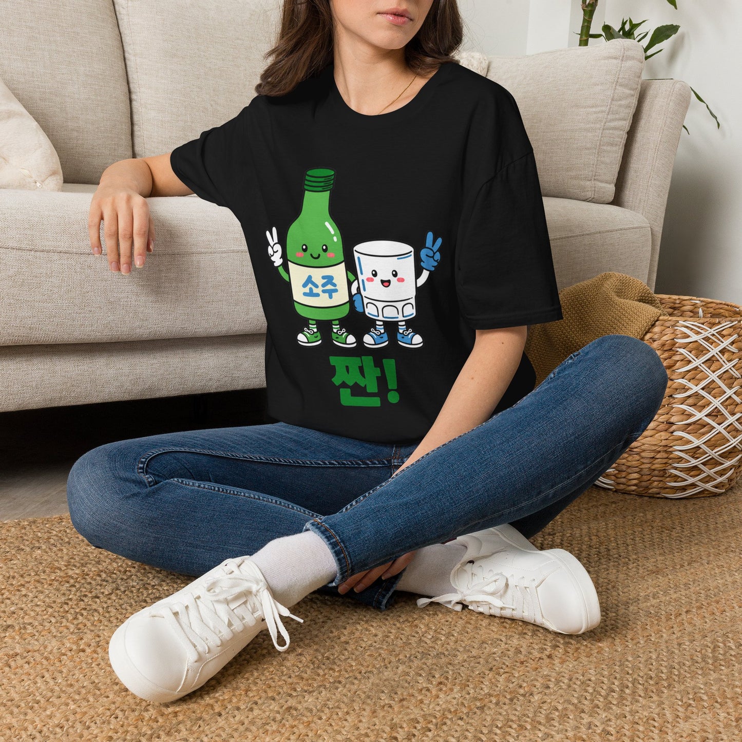 Soju & Shot Glass T‑Shirt — Cute Kawaii Cheers Design (짠!)