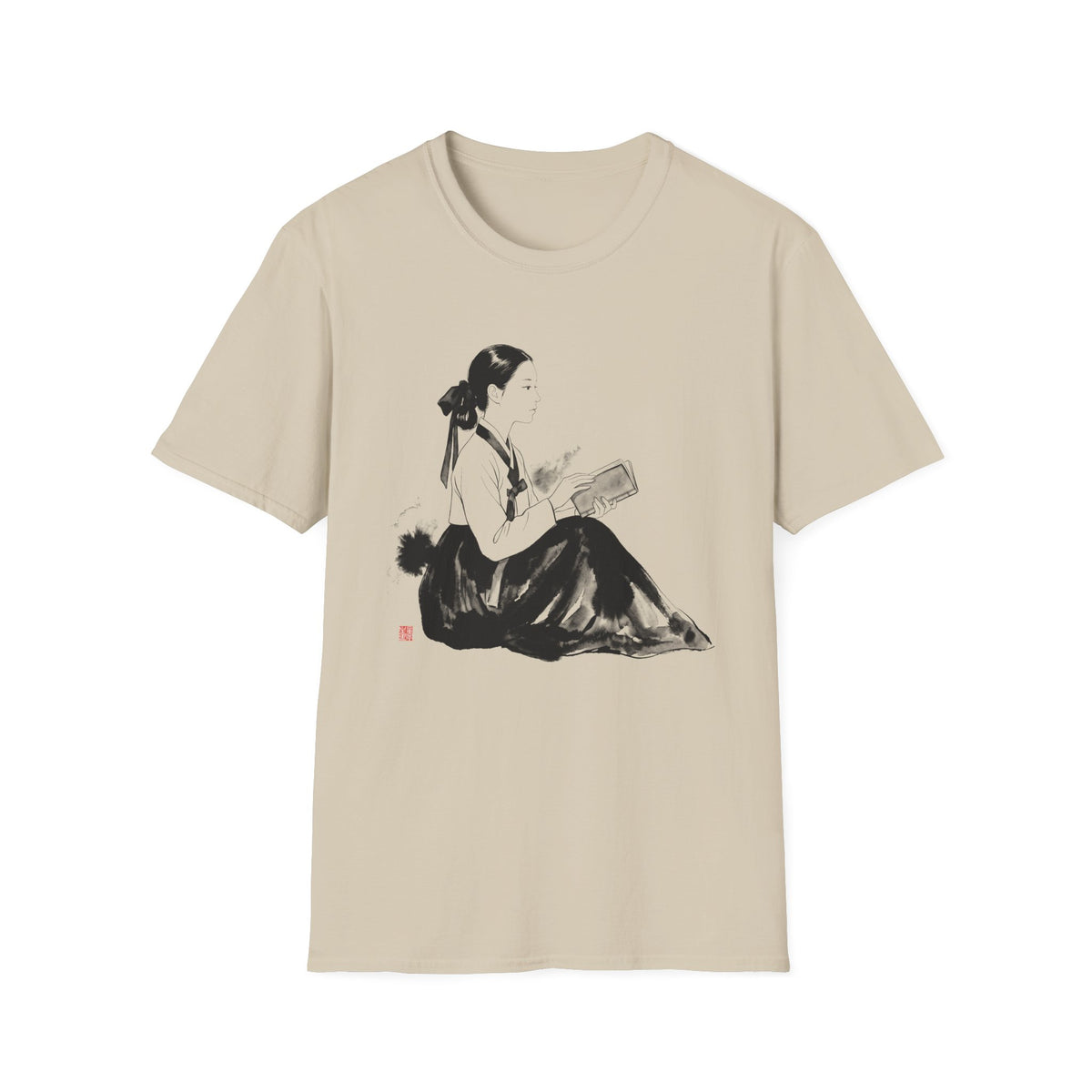 Vintage Korean Hanbok Reader T-Shirt — Gentle Ink Illustration Tee