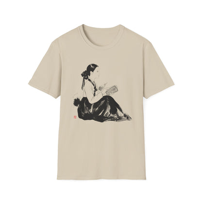 Vintage Korean Hanbok Reader T-Shirt — Gentle Ink Illustration Tee