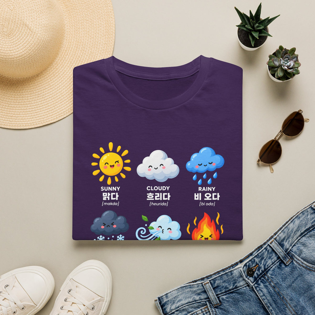 Weather Emoji Chart T-Shirt — Sunny Cloudy Rainy Korean Weather Icons