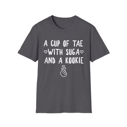A Cup of Tae with Suga and a Kookie T-Shirt — BTS Fan Quote Tee