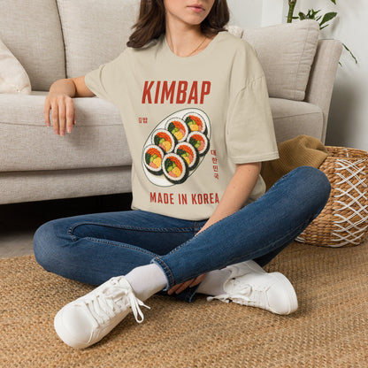 Kimbap T-Shirt — Retro Korean Food Graphic Tee ("KIMBAP" with Made in Korea Roll Art)