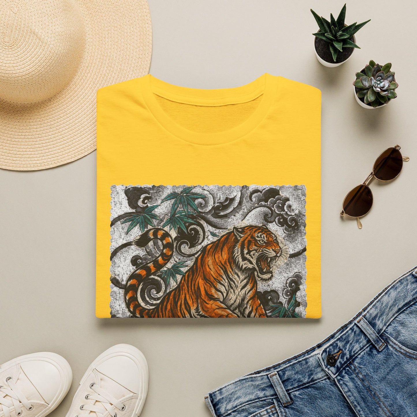 Tiger Tattoo Graphic T‑Shirt — Roaring Tiger Illustration Tee