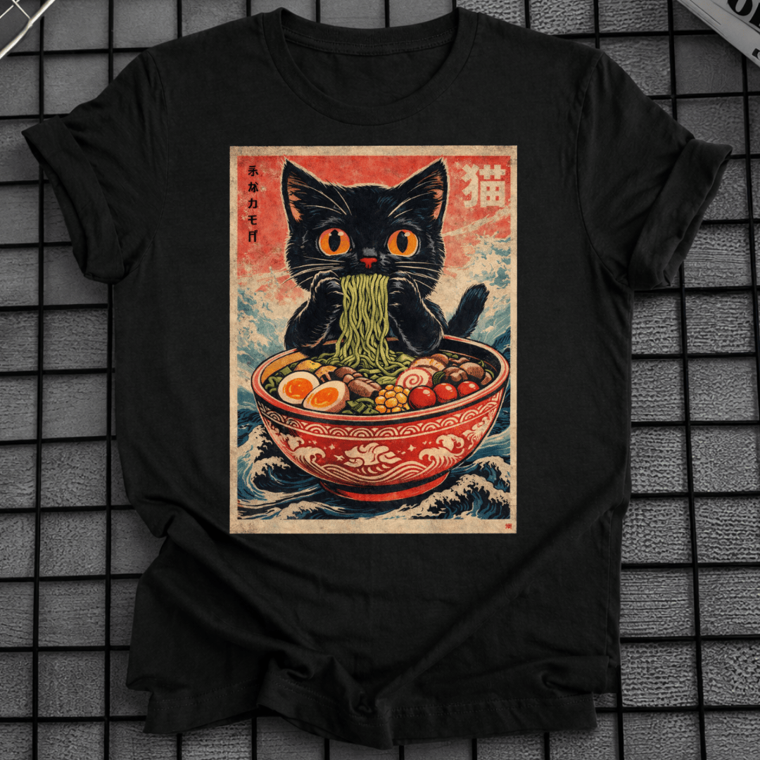 JAPANISCHE SCHWARZE KATZE ISST RAMEN T-SHIRT