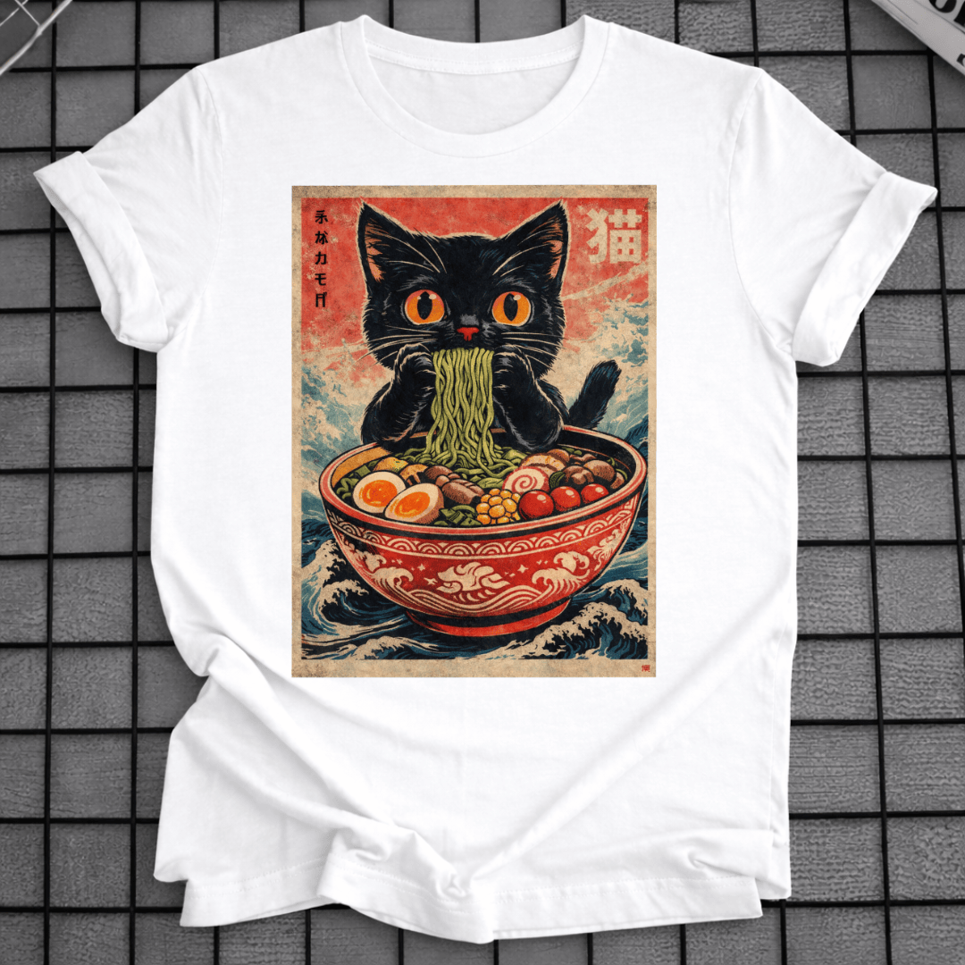 JAPANISCHE SCHWARZE KATZE ISST RAMEN T-SHIRT