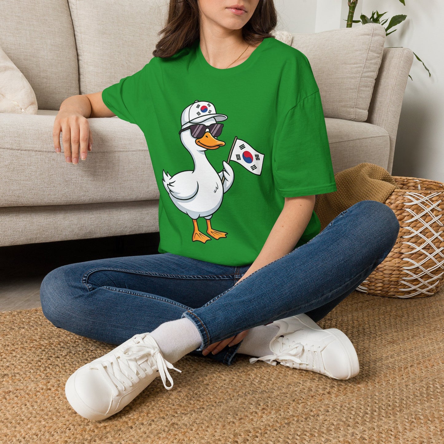 Korean Flag Duck T-Shirt — Cute Sunglasses Duck Holding South Korea Flag