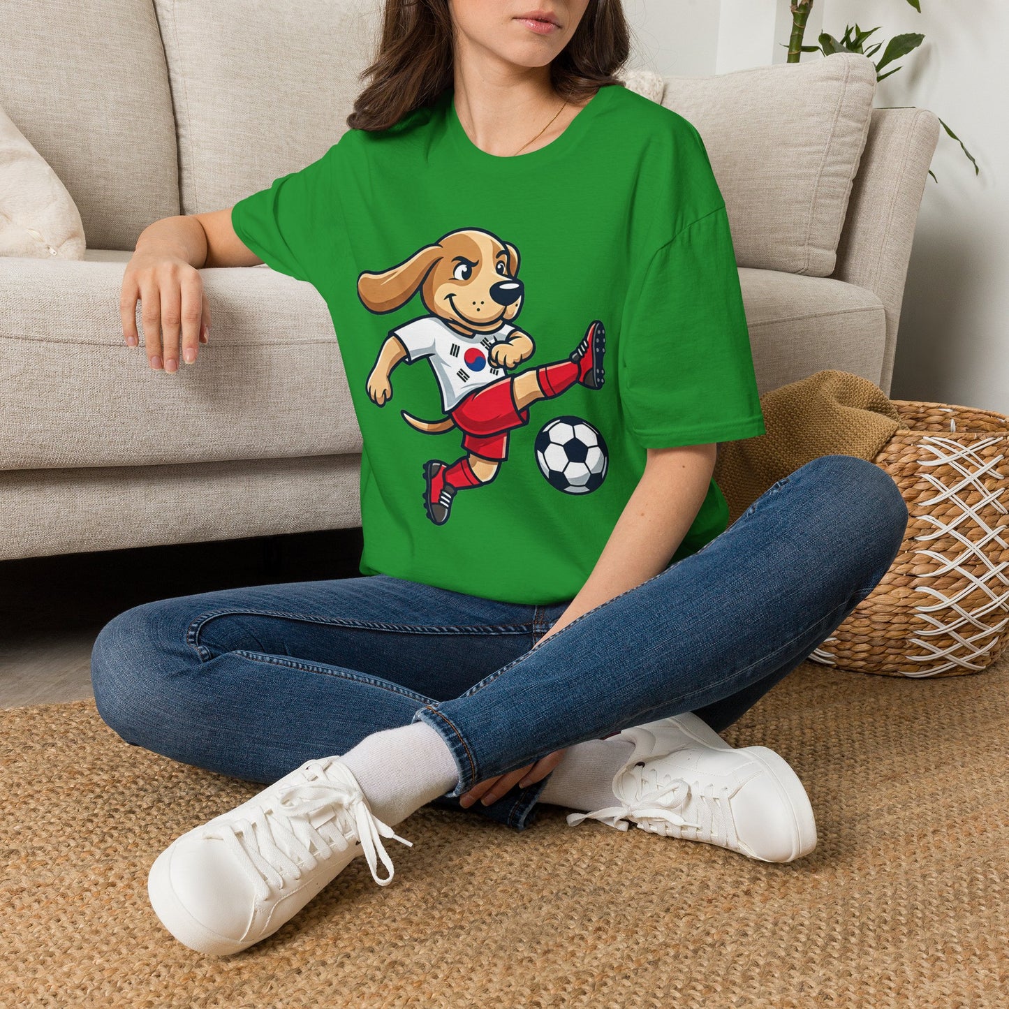Kids’ Soccer Dog T-Shirt — Cute Cartoon Puppy Kicking Ball (Korean Flag Jersey)