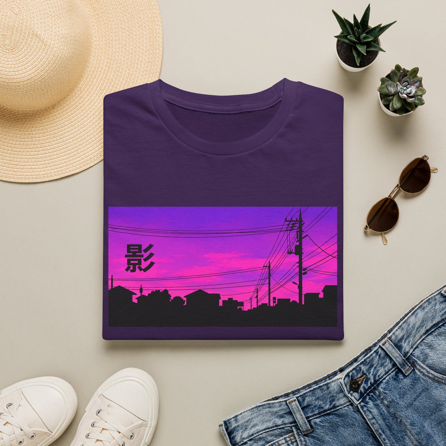 Sunset Silhouette T-Shirt — Japanese Kanji '影' Vaporwave Tee