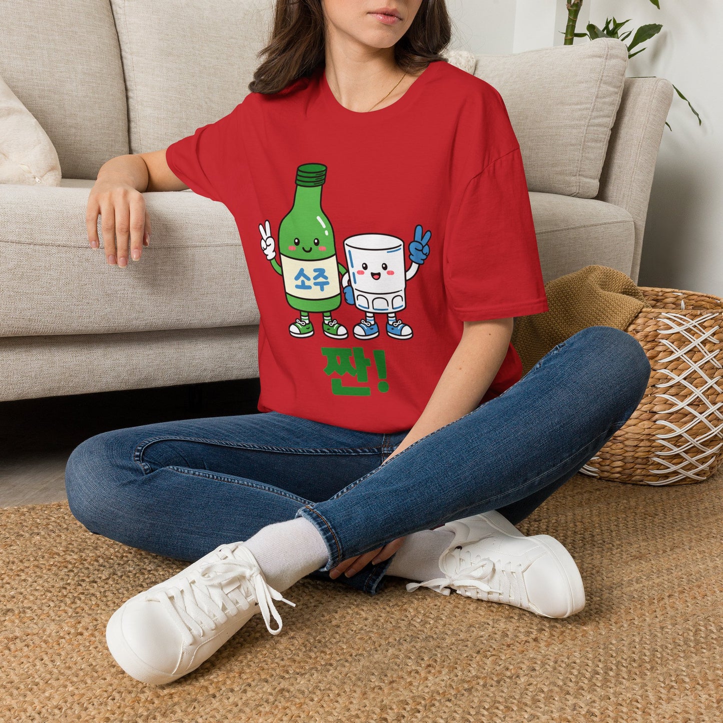 Soju & Shot Glass T‑Shirt — Cute Kawaii Cheers Design (짠!)