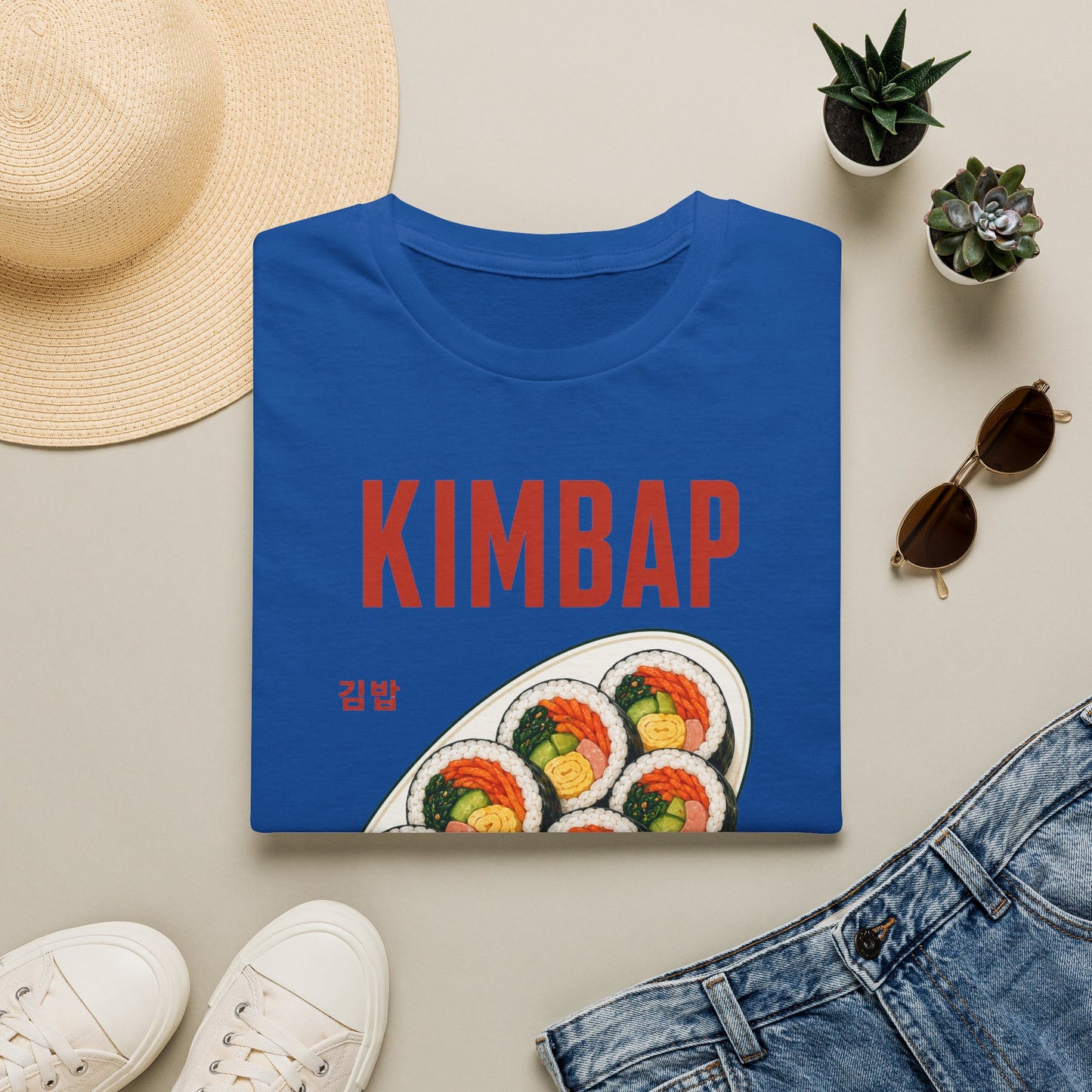 Kimbap T-Shirt — Retro Korean Food Graphic Tee ("KIMBAP" with Made in Korea Roll Art)