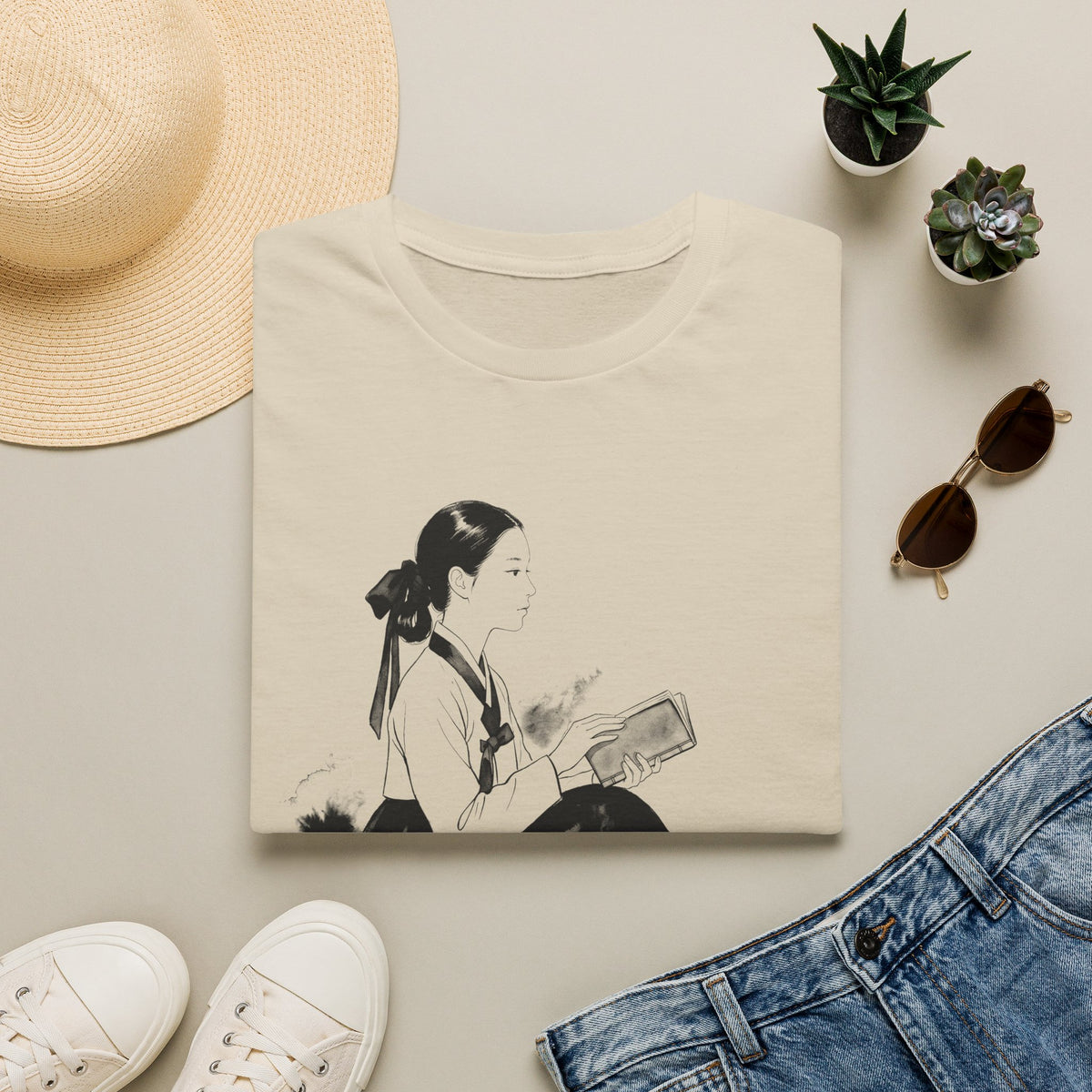Vintage Korean Hanbok Reader T-Shirt — Gentle Ink Illustration Tee