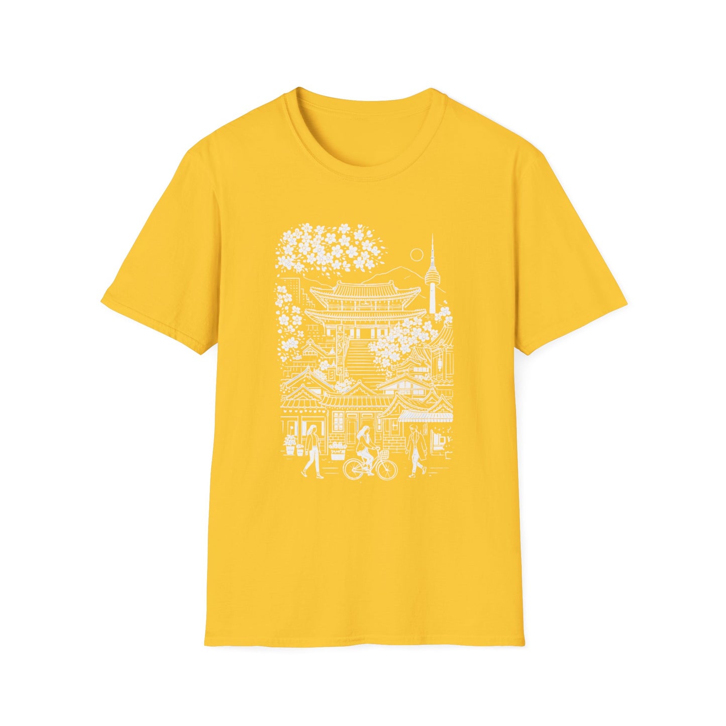 Korean Temple & Cherry Blossom T-Shirt — Seoul Pagoda Skyline Tee