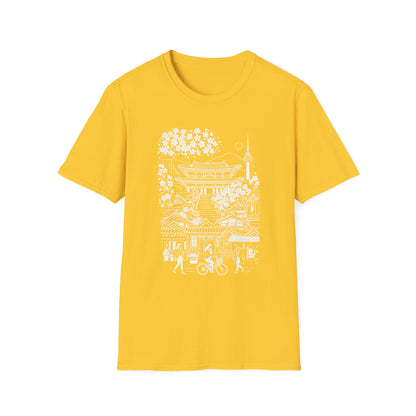 Korean Temple & Cherry Blossom T-Shirt — Seoul Pagoda Skyline Tee