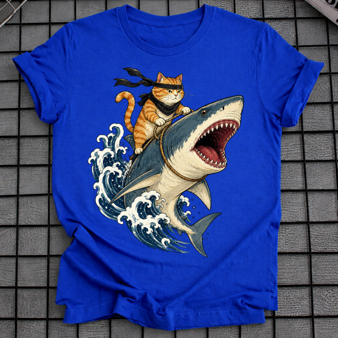 CAT RIDING SHARK T-SHIRT