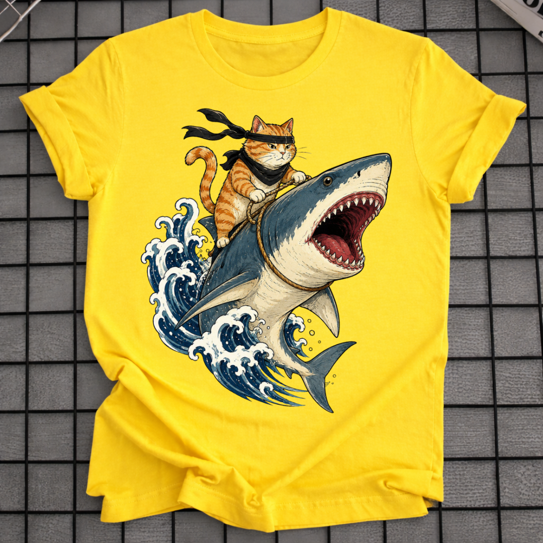 CAT RIDING SHARK T-SHIRT