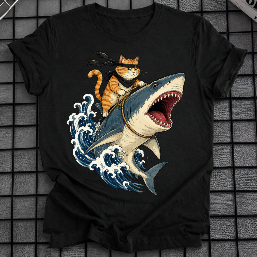 CAT RIDING SHARK T-SHIRT