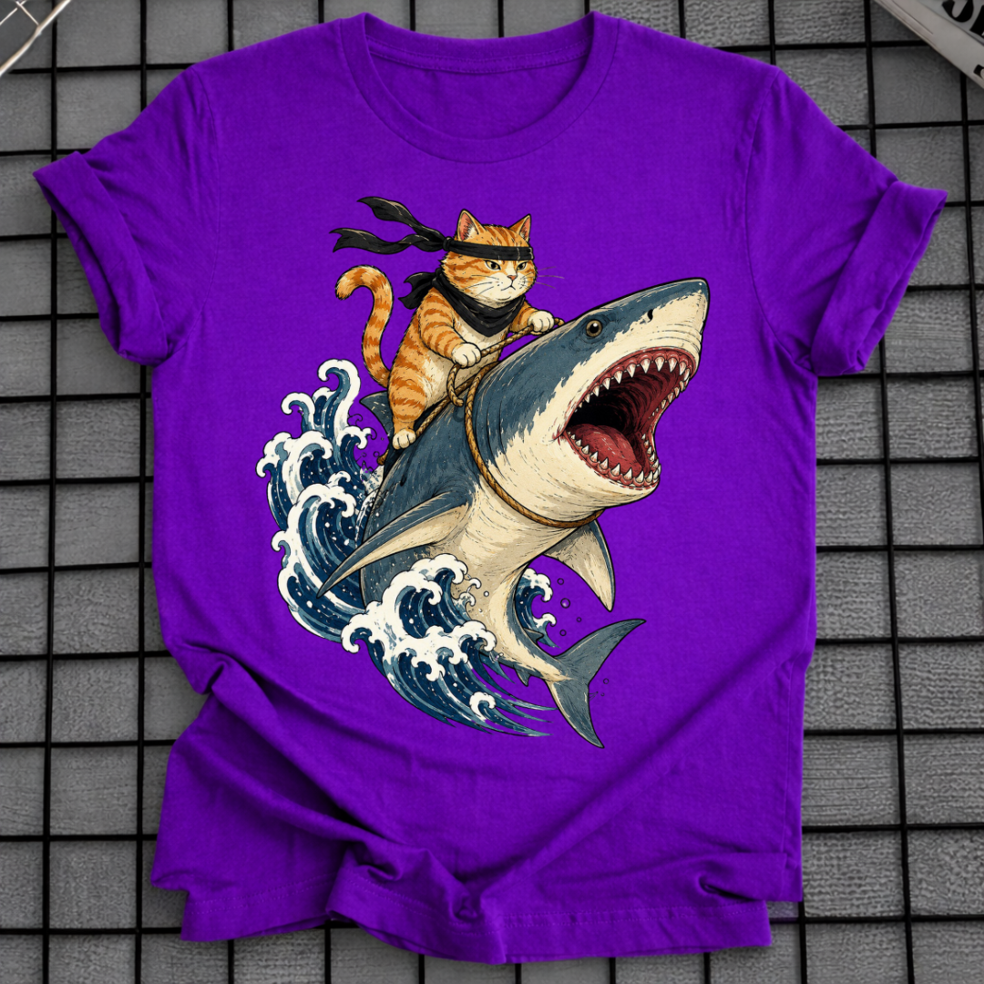 CAT RIDING SHARK T-SHIRT