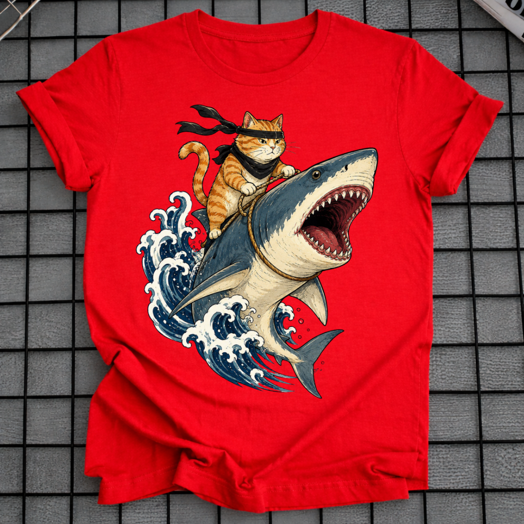 CAT RIDING SHARK T-SHIRT