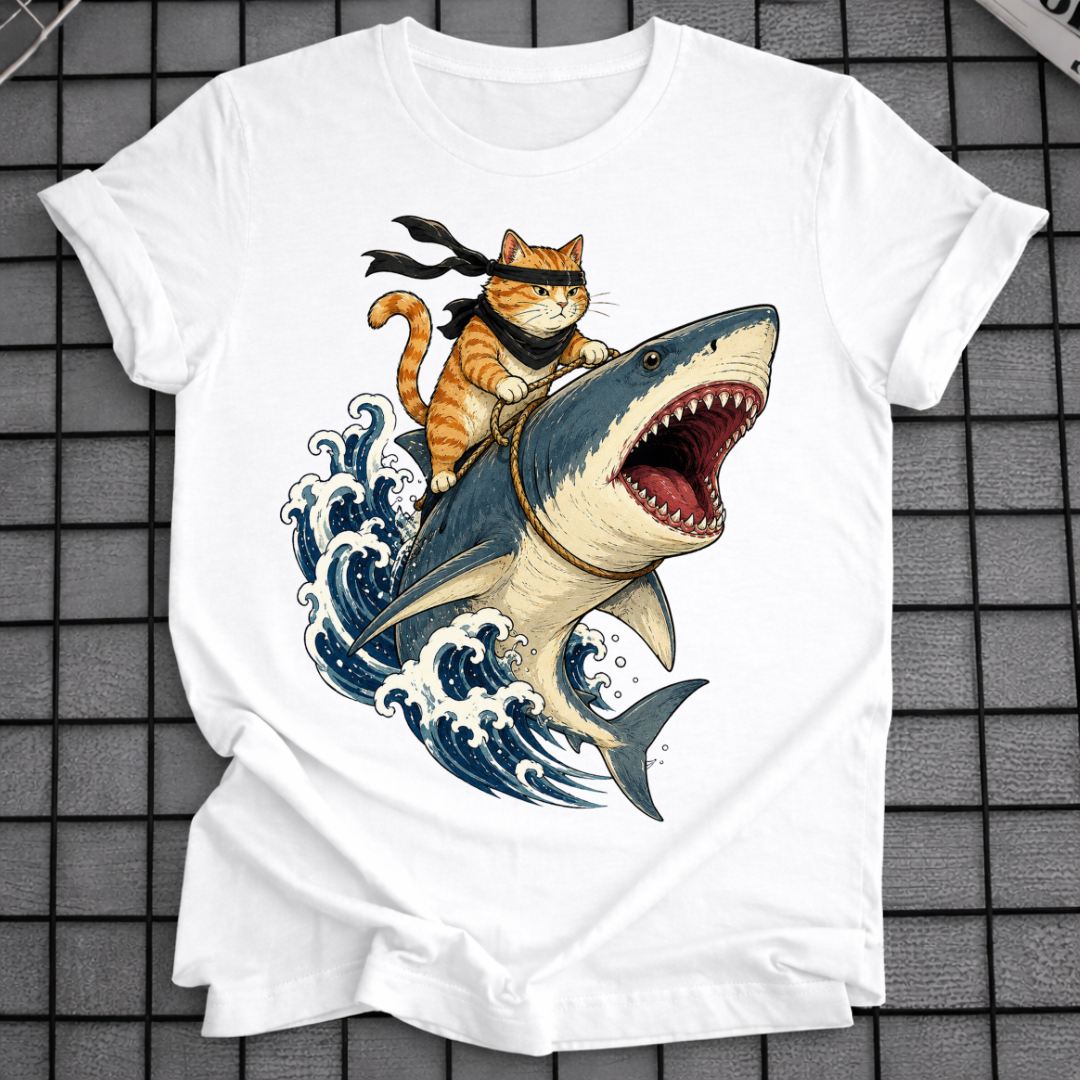 CAT RIDING SHARK T-SHIRT