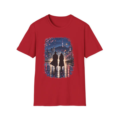 Romantic Night Stroll T-Shirt — Couple Silhouette Under Cherry Blossoms