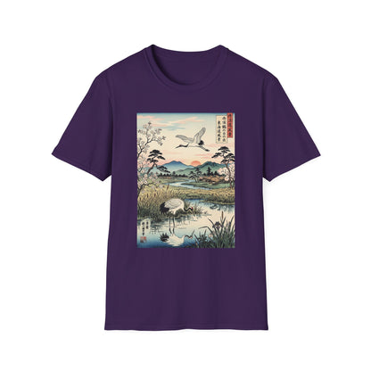 Japanese Crane Print T-Shirt — Vintage Ukiyo-e Landscape Tee