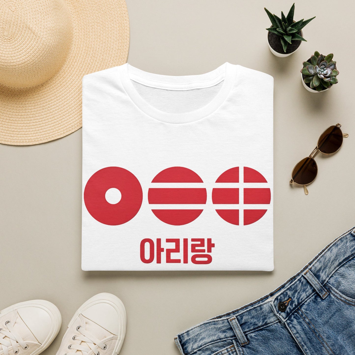 T-Shirt — Korean Arirang Graphic Tee (Red Retro Symbols)