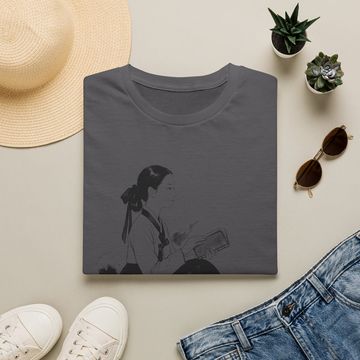 Vintage Korean Hanbok Reader T-Shirt — Gentle Ink Illustration Tee