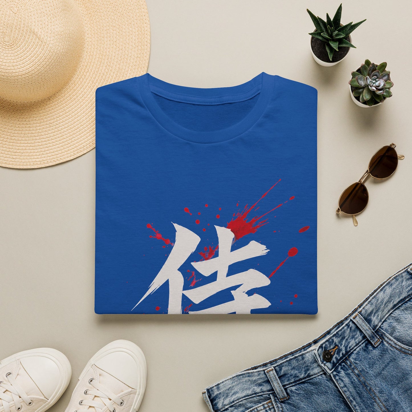 Samurai Kanji T‑Shirt — Bold White Character with Red Blood Splatter Graphic