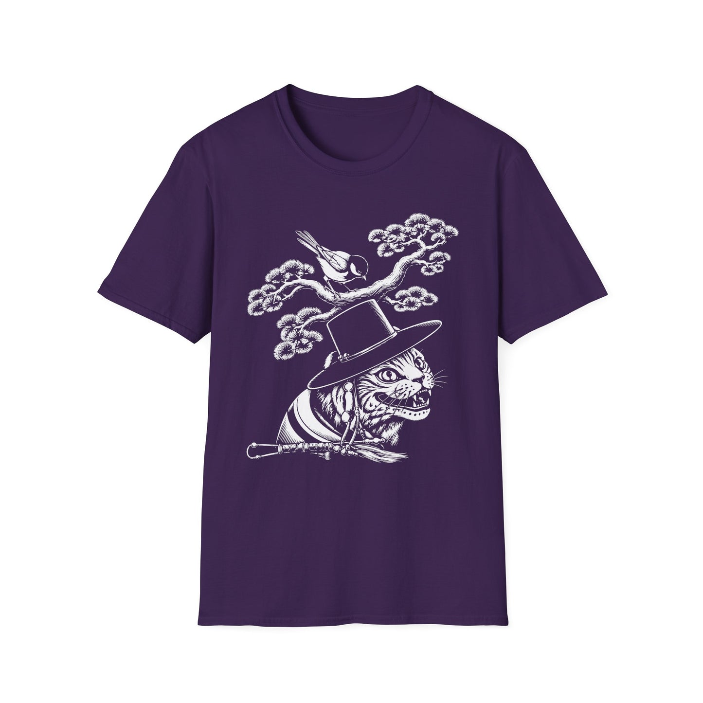 Cat in Top Hat T-Shirt — Whimsical Noir Cat & Bird Graphic Tee