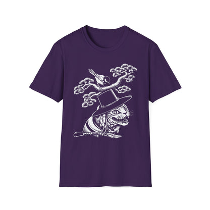 Cat in Top Hat T-Shirt — Whimsical Noir Cat & Bird Graphic Tee