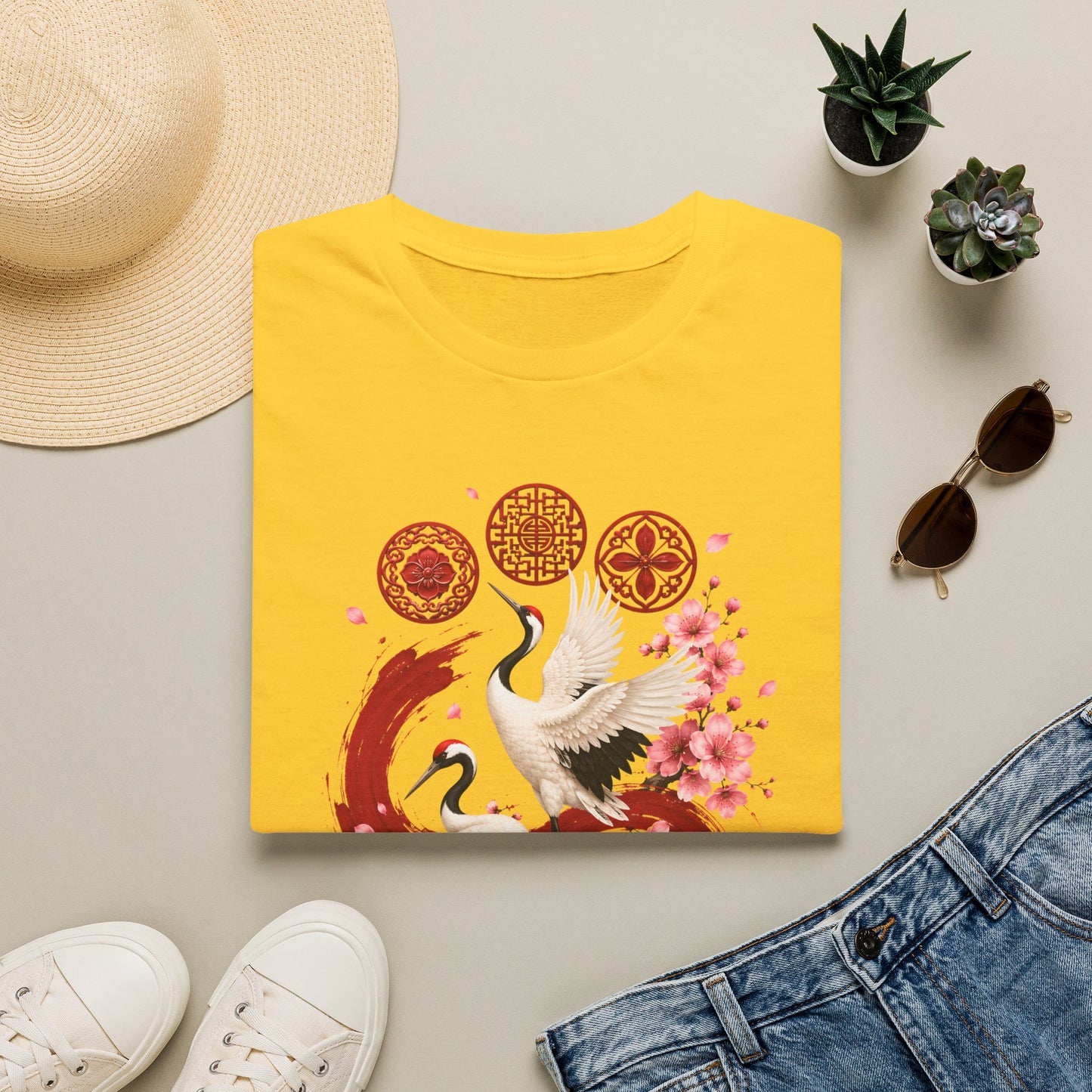 Crane & Cherry Blossom T-Shirt — Asian-Inspired Zen Floral Design