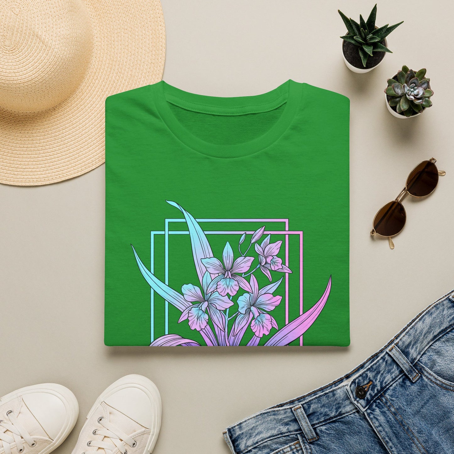 Floral Pastel Iris Tee — Botanical Purple & Teal Graphic T-Shirt