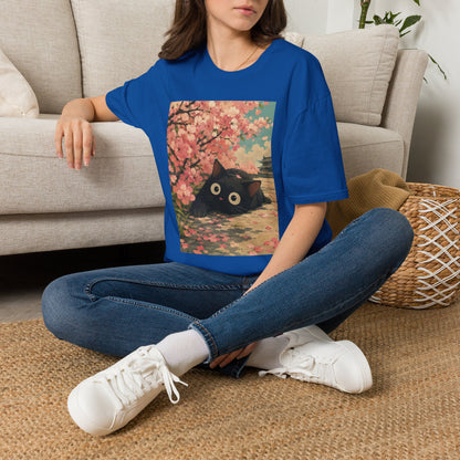 Cherry Blossom Cat T-Shirt — Cute Black Cat Under Sakura Scene