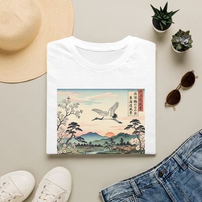 Japanese Crane Print T-Shirt — Vintage Ukiyo-e Landscape Tee