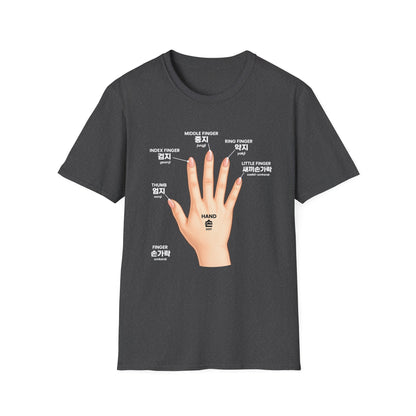 Korean Finger Labels T-Shirt — Hand Anatomy Graphic Tee (Index, Middle, Ring, Pinky, Thumb)