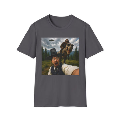 Funny Bigfoot Selfie T-Shirt — UFO, T-Rex & Sasquatch Wilderness Tee