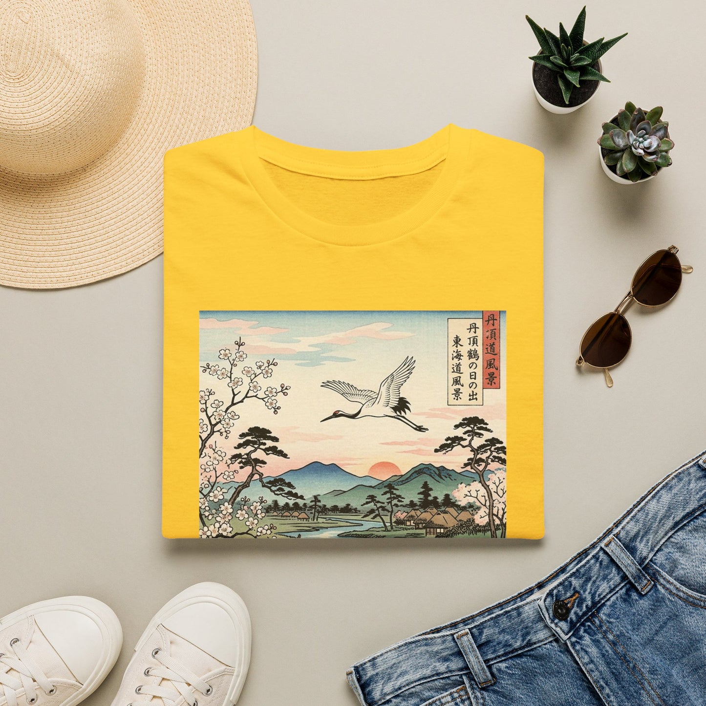 Japanese Crane Print T-Shirt — Vintage Ukiyo-e Landscape Tee