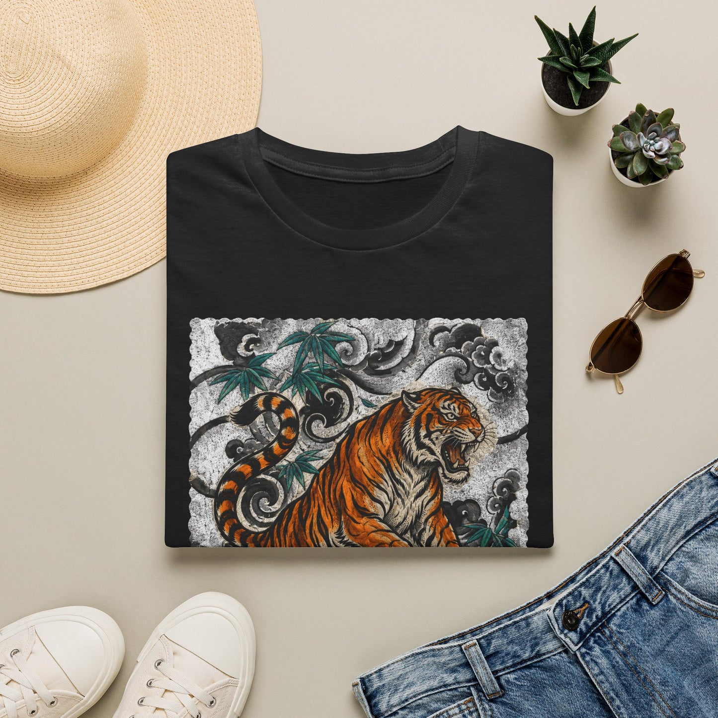 Tiger Tattoo Graphic T‑Shirt — Roaring Tiger Illustration Tee
