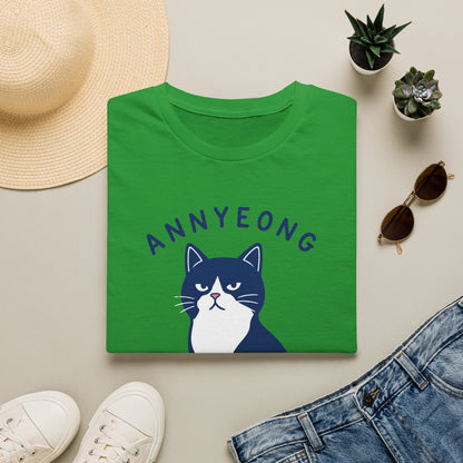 Annyeong Cat T-Shirt — Cute Korean Greeting Cat Graphic Tee ("Annyeong Meowseyo")
