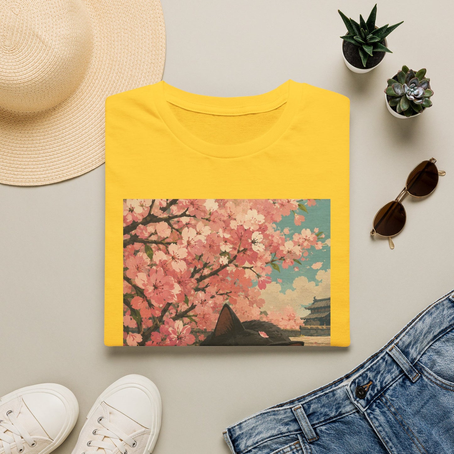 Cherry Blossom Cat T-Shirt — Cute Black Cat Under Sakura Scene