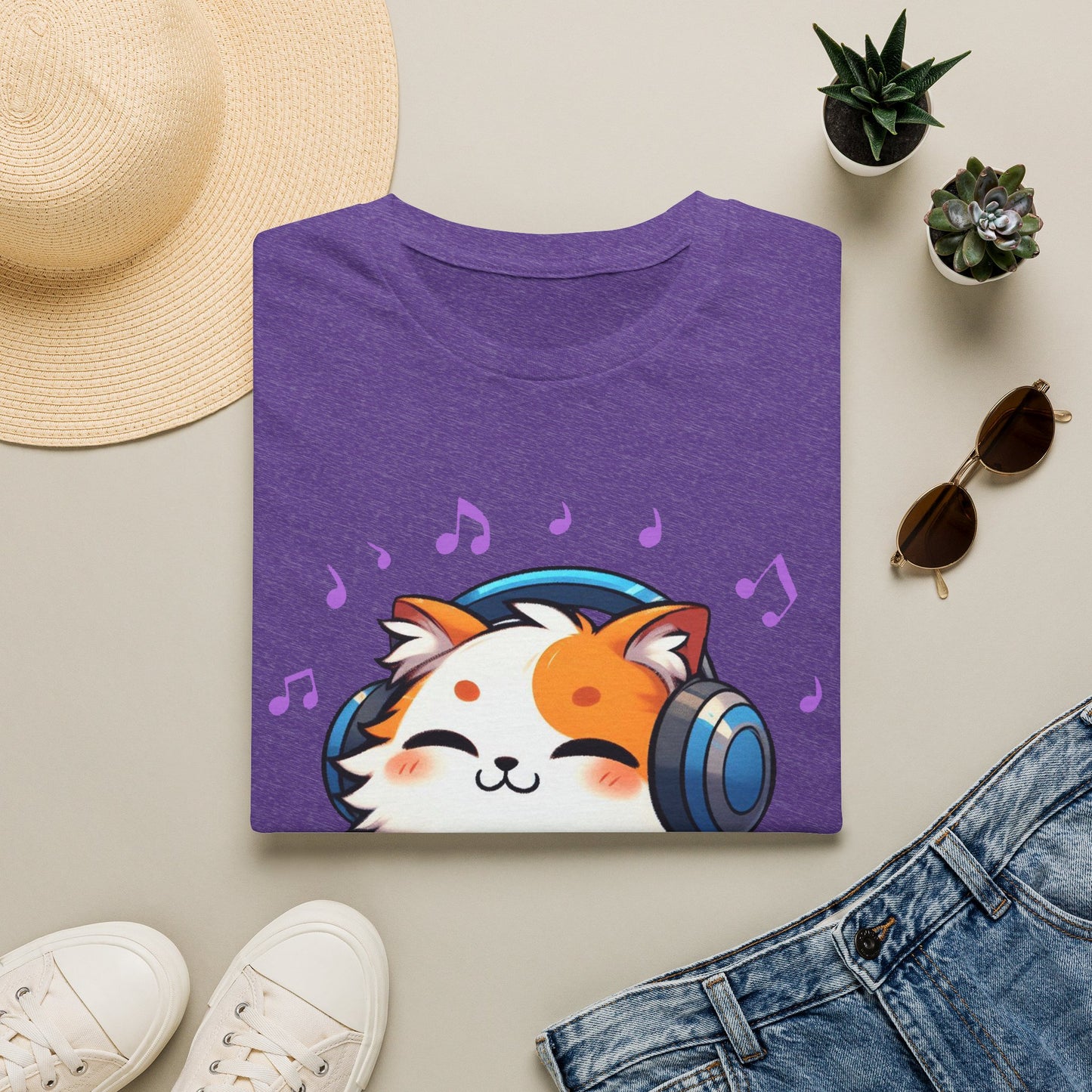 Cute Cat Music Lover T-Shirt - Unisex Softstyle Tee with Headphones and Musical Notes